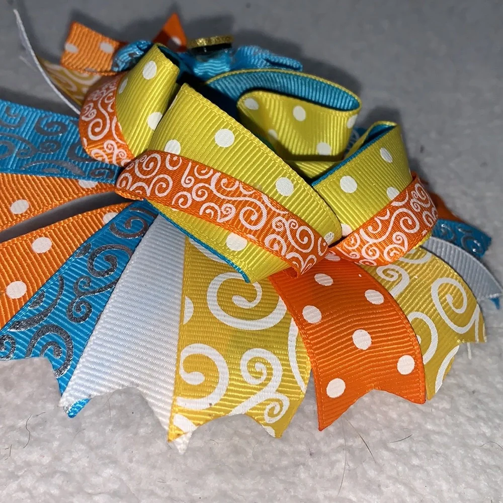 Big Sunshine Day Hairbow Bow OTT Custom Made Orange Yellow & Blue EUC